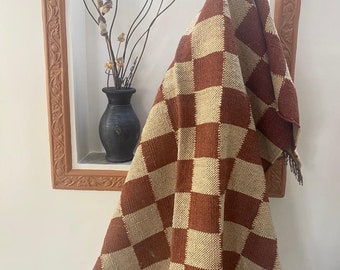 Handwoven Jute Wool Rug, Brown Beige Checks, Square Dhurrie Carpet