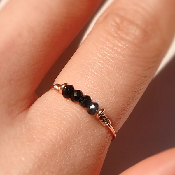 Dainty Raw Black Tourmaline Ring, 14K Gold Filled, Rose Gold Filled, Sterling Silver, Crystal Ring, Bar Ring, Empath Protection Ring