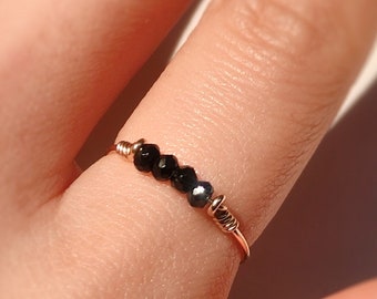 Dainty Raw Black Tourmaline Ring, 14K Gold Filled, Rose Gold Filled, Sterling Silver, Crystal Ring, Bar Ring, Empath Protection Ring