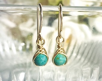 Turquoise Drop Earrings, 14K Gold - Rose Gold Filled - Sterling Silver, Dainty Turquoise Wire Wrap Earrings