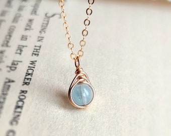 Tiny Aquamarine Necklace, 14K Gold Filled, Rose Gold Filles, Sterling Silver Gemstone Necklace, March Birthstone Necklace