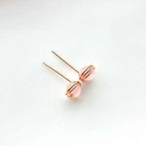 Rose Quartz Stud Earrings,14K Gold Filled, Rose Gold Filled, Sterling Silver Tiny Wire Wrapped Stud Earrings