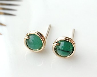 Genuine Emerald Stud Earrings, 14K Gold Filled - Sterling Silver Wire Wrapped Green Emerald Earrings, May Birthstone