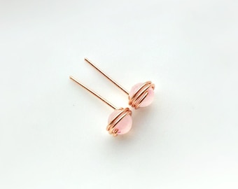 Rose Quartz Stud Earrings,14K Gold Filled, Rose Gold Filled, Sterling Silver Tiny Wire Wrapped Stud Earrings