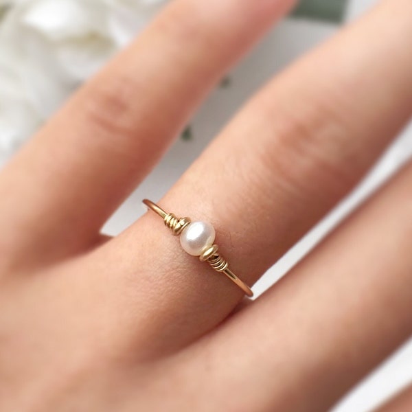 Tiny Pearl Ring, 14K Gold Filled, Rose Gold Filled, Sterling Silver White Pearl Ring, Dainty Freshwater Pearl Ring, Pinky Ring