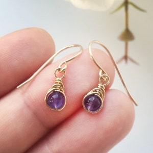 Tiny Amethyst Dangle Earrings, 14K Gold Filled, Rose Gold Filled, Sterling Silver Amethyst Drop Earrings, February Birthstone