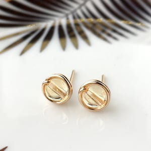 Citrine Stud Earrings, 14K Gold - Rose Gold Filled, Sterling Silver 4mm Citrine Wire Wrapped Earrings, November Birthstone