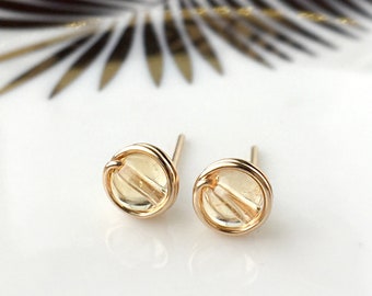 Citrine Stud Earrings, 14K Gold - Rose Gold Filled, Sterling Silver 4mm Citrine Wire Wrapped Earrings, November Birthstone