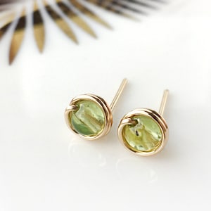 Tiny Peridot Stud Earrings, 14K Gold Filled - Sterling Silver Wire Wrapped Peridot Earrings, August Birthstone