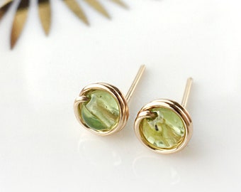 Tiny Peridot Stud Earrings, 14K Gold Filled - Sterling Silver Wire Wrapped Peridot Earrings, August Birthstone