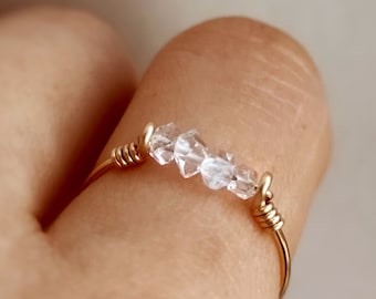 Dainty Raw Herkimer Diamond Ring, 14K Gold/ Rose Gold Filled, Sterling Silver, Crystal Wire Wrap Ring, Bar Ring, April Birthstone Gift