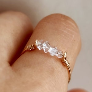 Dainty Raw Herkimer Diamond Ring, 14K Gold/ Rose Gold Filled, Sterling Silver, Crystal Wire Wrap Ring, Bar Ring, April Birthstone Gift