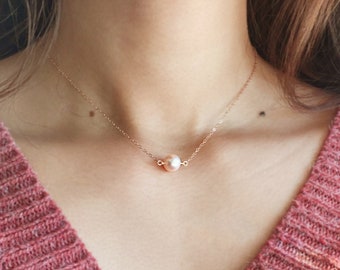 Single Rose Gold Pearl Necklace, 14K Rose Gold Filled - Sterling Silver Dainty 4mm Floating Pink Pearl Necklace