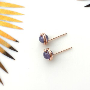 Tiny Tanzanite Stud Earrings, 14K Gold Filled - Sterling Silver Wire Wrapped Tanzanite Earrings (4mm) December Birthstone