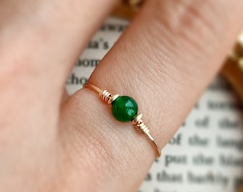 Dark Green Jade Ring, 14K Gold Filled - Sterling Silver Thin Gold Stacking Ring, Tiny Stone Ring