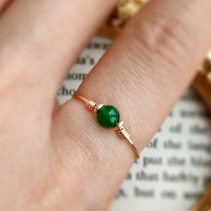 Dark Green Jade Ring, 14K Gold Filled - Sterling Silver Thin Gold Stacking Ring, Tiny Stone Ring