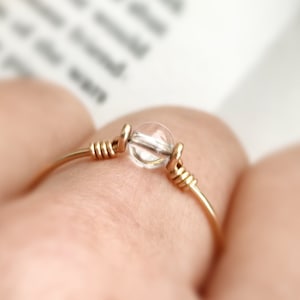 Clear Quartz Ring, 14K Gold Filled - Sterling Silver Tiny Wire Wrapped Ring, April Birthstone Ring, Pinky Ring, Gemstone Anxiety Ring