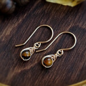 Tiny Tiger&#39;s Eye Dangle Earrings, 14K Gold - Rose Gold Filled - Sterling Silver, Tiger Eye Gemstone Wire Wrap Earrings