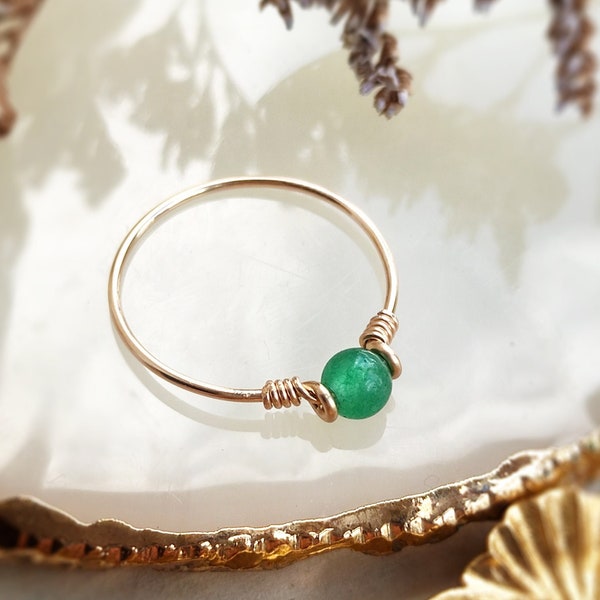 Green Jade Ring, 14K Gold Filled - Sterling Silver Wire Wrapped Ring, Tiny Stone Ring, Pinky Ring, Anxiety Ring