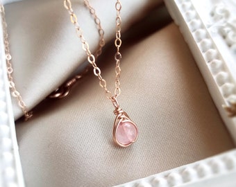 Dainty Rose Quartz Necklace, 14K Gold - Rose Gold Filled - Sterling Silver Delicate Rose Quartz Necklace, Gift For Her