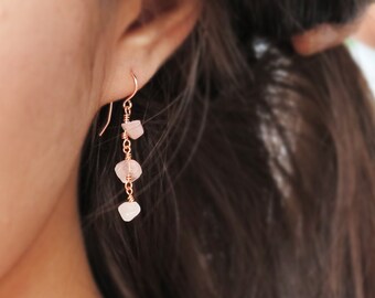 Raw Rose Quartz Dangle Earrings, 14K Gold Filled, Rose Gold, Sterling Silver, Raw Crystal Earrings