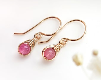 Pink Tourmaline Dangle Earrings, 14K Gold - Rose Gold Filled - Sterling Silver, Tiny Wire Wrap Earrings October Birthstone