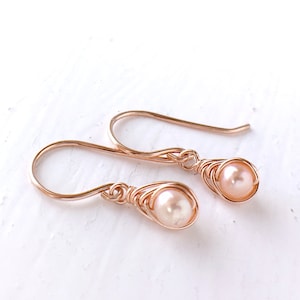 Tiny Pink Pearl Dangle Earrings, 14K Rose Gold Filled - Sterling Silver, 4mm Freshwater Rose Gold Pearl, Bridesmaid Earrings
