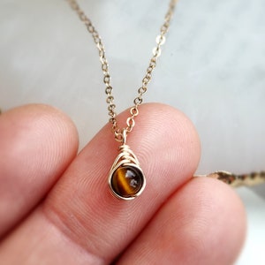 Tiny Tiger Eye Necklace, 14K Gold Filled, Rose Gold Filled, Sterling Silver Dainty Gemstone Pendant Necklace