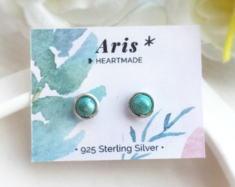 Turquoise 14K Gold Filled Wire Wrapped Stud Earrings (4mm), Tiny Turquoise Earrings