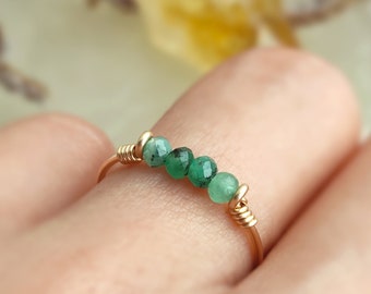 Dainty Raw Emerald Ring 14K Gold Filled, Sterling Silver Tiny Gemstone Ring, Gold Stacking Ring, May Birthstone Ring