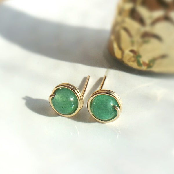 Tiny Green Jade Stud Earrings, 14K Gold Filled, Rose Gold filled, Sterling Silver Small Green Stone Earrings