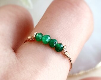 Dainty Raw Green Jade Ring, 14K Gold Filled, Rose Gold Filled, Sterling Silver, Crystal Ring, Jade Bar Ring, Green Stone Ring