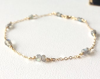 Dainty Labradorite Bracelet, 14K Gold Filled, Rose Gold Filled, Sterling Silver Layering Bracelet, Raw Healing Crystal, Gift For Her