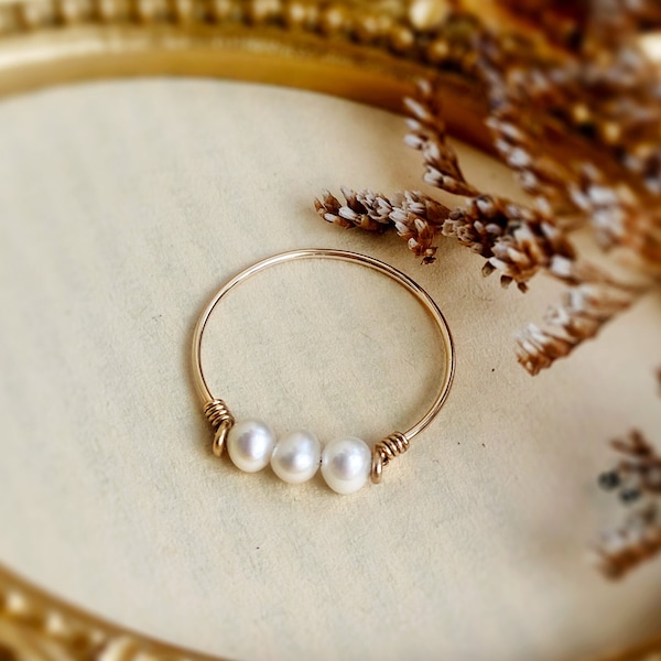 Drie parelring, 14K goud gevuld, Rose GoldFilled, Sterling zilveren drie stenen ring, Pinky ring, sierlijke parelring