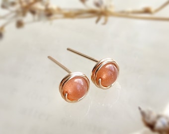 Tiny Sunstone Stud Earrings 14K Gold Filled, Rose Gold Filled, Sterling Silver Wire Wrapped Gemstone Earrings