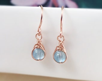 Tiny Aquamarine Dangle Earrings, 14K Gold-Rose Gold Filled, Sterling Silver Aquamarine Earrings, March Birthstone
