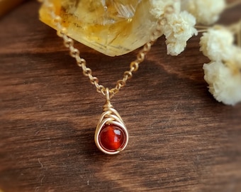 Collier de cornaline rouge, or 14K - Rempli d’or rose - Collier pendentif en pierre précieuse délicate en argent sterling