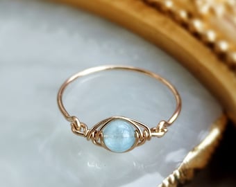 Aquamarine Eye Ring 14K Gold Filled, Rose Gold Filled, Sterling Silver Wire Wrapped Ring, March Birthstone Ring, Dainty Ring