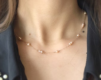 Delicate Rose Gold Pearl Necklace, 14K Rose Gold Filled, Freshwater Pearl Choker, Dainty Bridal Necklace, Gift For Her