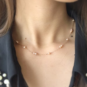 Delicate Rose Gold Pearl Necklace, 14K Rose Gold Filled, Freshwater Pearl Choker, Dainty Bridal Necklace, Gift For Her