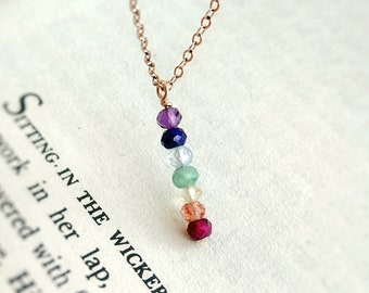 Tiny Chakra Necklace, Minimalist 7 Chakra Gemstone Pendant, 14K Gold Filled, Rose Gold Filled, Sterling Silver Dainty Rainbow Crystal