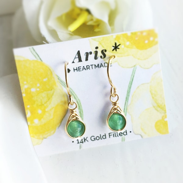 Tiny Green Jade Drop Earrings, 14K Gold - Rose Gold Filled - Sterling Silver, Teardrop Jade Wire Wrap Earrings, Healing Crystal Earrings