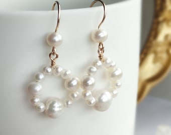 White Pearl Dangle Earrings, 14K Gold Filled, Wedding Jewelry for Brides, Bridal Earrings, Gift For Her