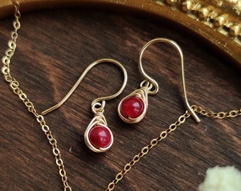 Ruby Dangle Earrings, 14K Gold Filled, July Birthstone