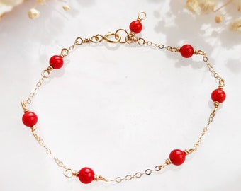 Red Coral Bracelet 14K Gold Filled, Rose Gold Filled, Sterling Silver Delicate Layering Bracelet, Birthstone Gift For Her