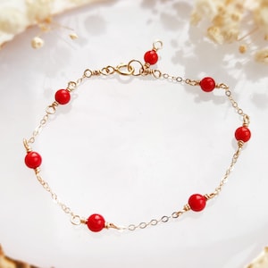 Red Coral Bracelet 14K Gold Filled, Rose Gold Filled, Sterling Silver Delicate Layering Bracelet, Birthstone Gift For Her image 1