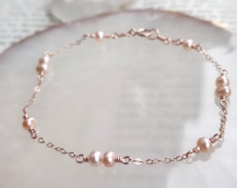 Rose Gold Pearl Bracelet, 14K Rose Gold Filled, Freshwater Pearl, Dainty Bridal Bracelet, Bridesmaids Gift