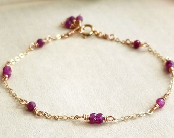 Dainty Ruby Bracelet 14K Gold Filled, Rose Gold Filled, Sterling Silver, Thin Chain Layering Bracelet, July Birthstone Gift For Her