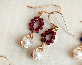 Dainty Garnet & Pearl Dangle Earrings in 14K Gold Filled, Tiny Crystal Teardrop Earrings