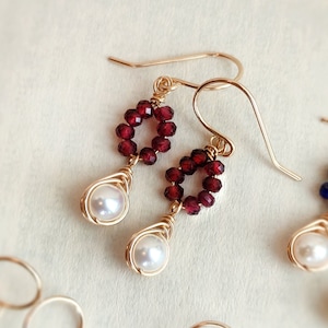 Dainty Garnet & Pearl Dangle Earrings in 14K Gold Filled, Tiny Crystal Teardrop Earrings